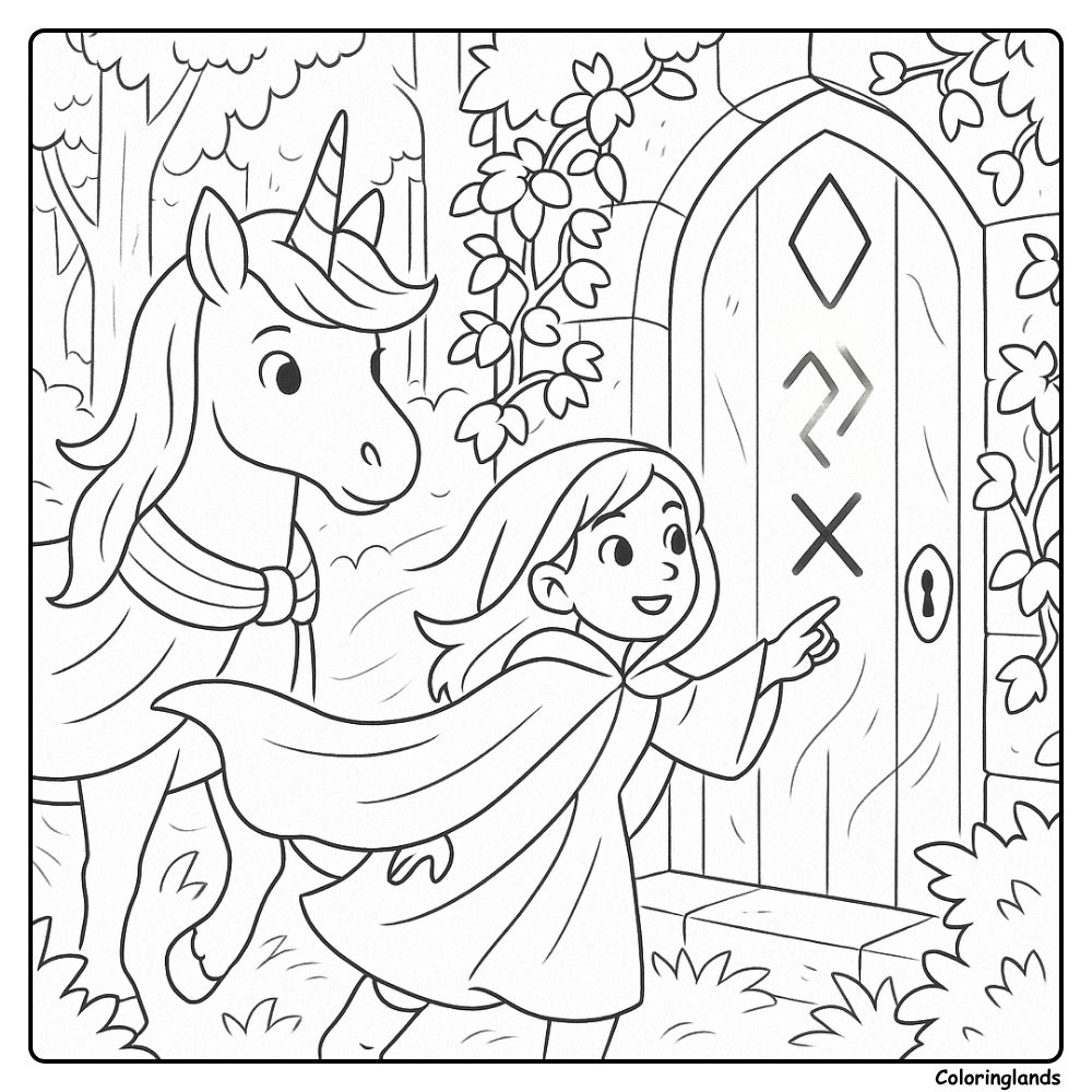 Mystery doorway with unicorn companion coloring picture