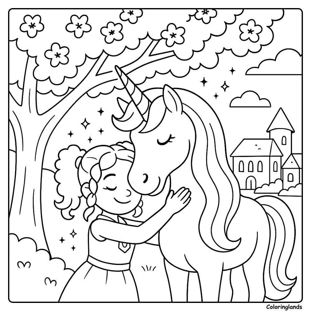 Tender moment with unicorn near village coloring idea
