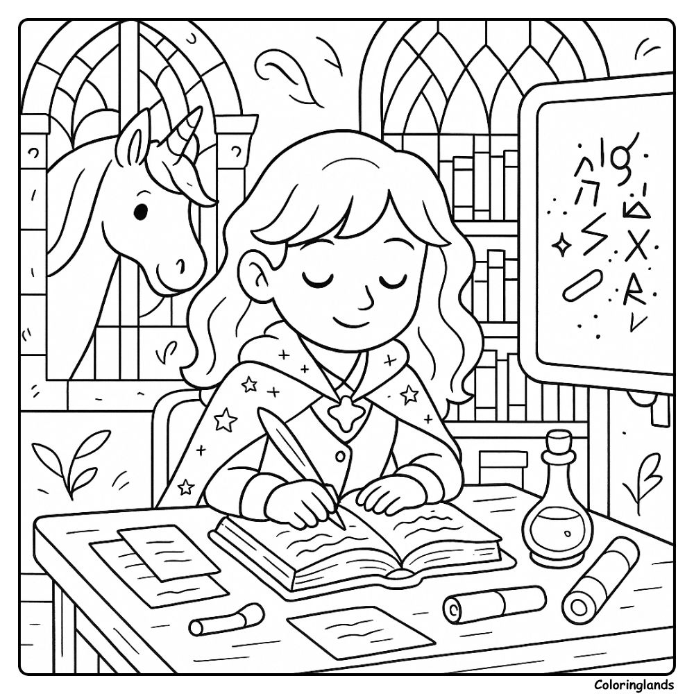 Calm desk work with runes and books coloring image