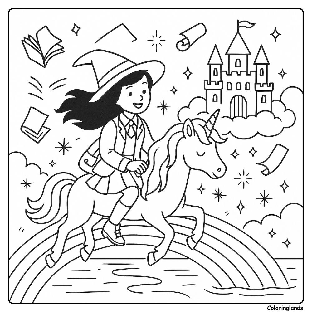 Magical rider on unicorn over rainbow coloring picture