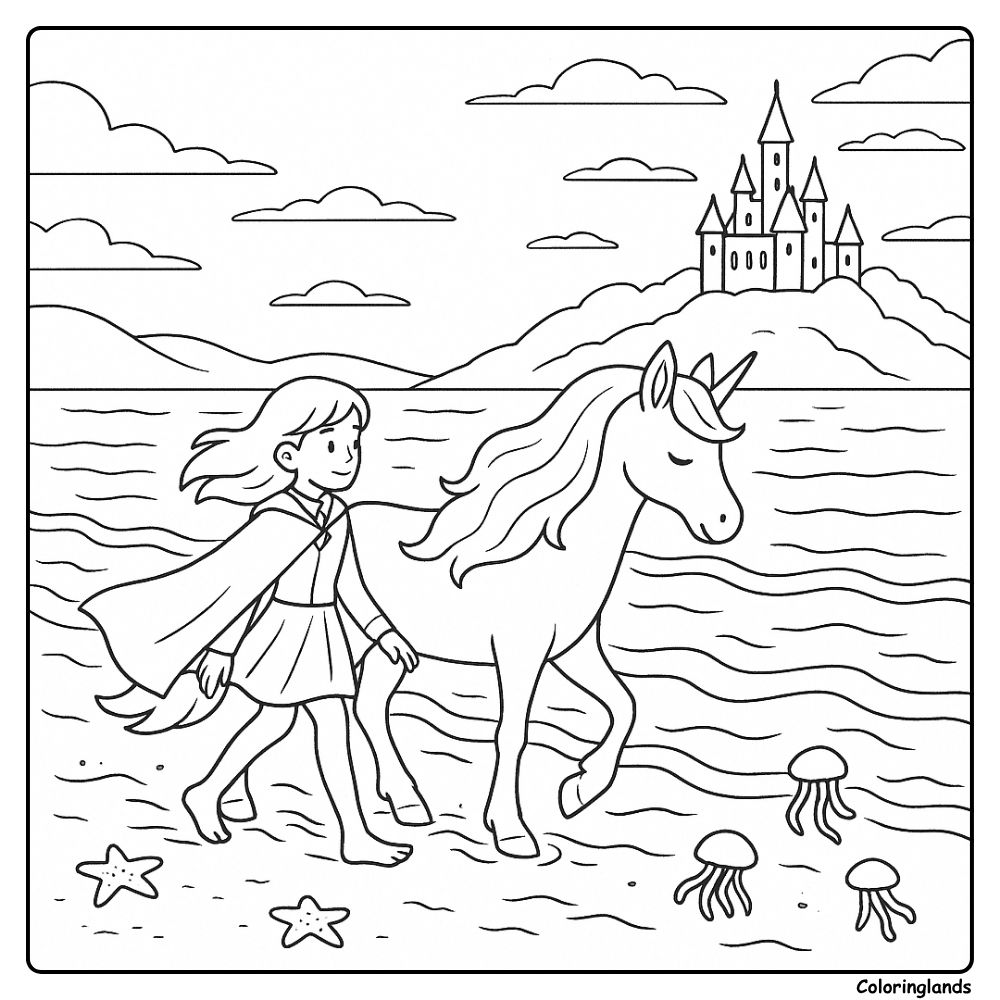 Girl and unicorn at the shore coloring image