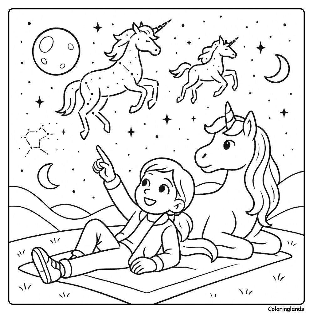 Night sky with constellations and unicorns coloring image