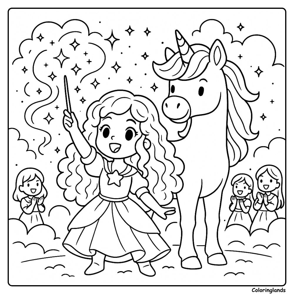 Girl casting magic beside unicorn coloring image