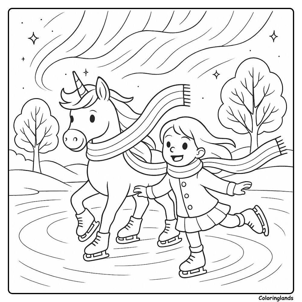 Frosty glide with unicorn companion coloring image
