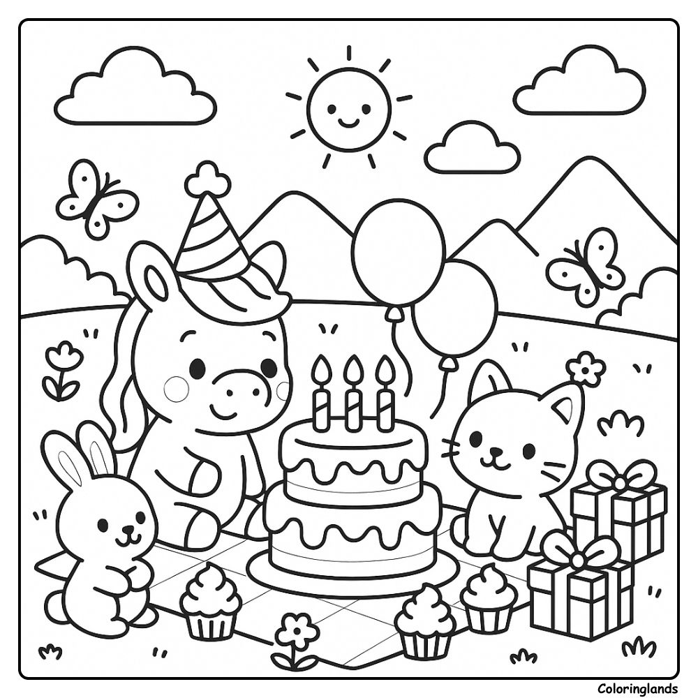 Cute picnic coloring image with cake, balloons and pals