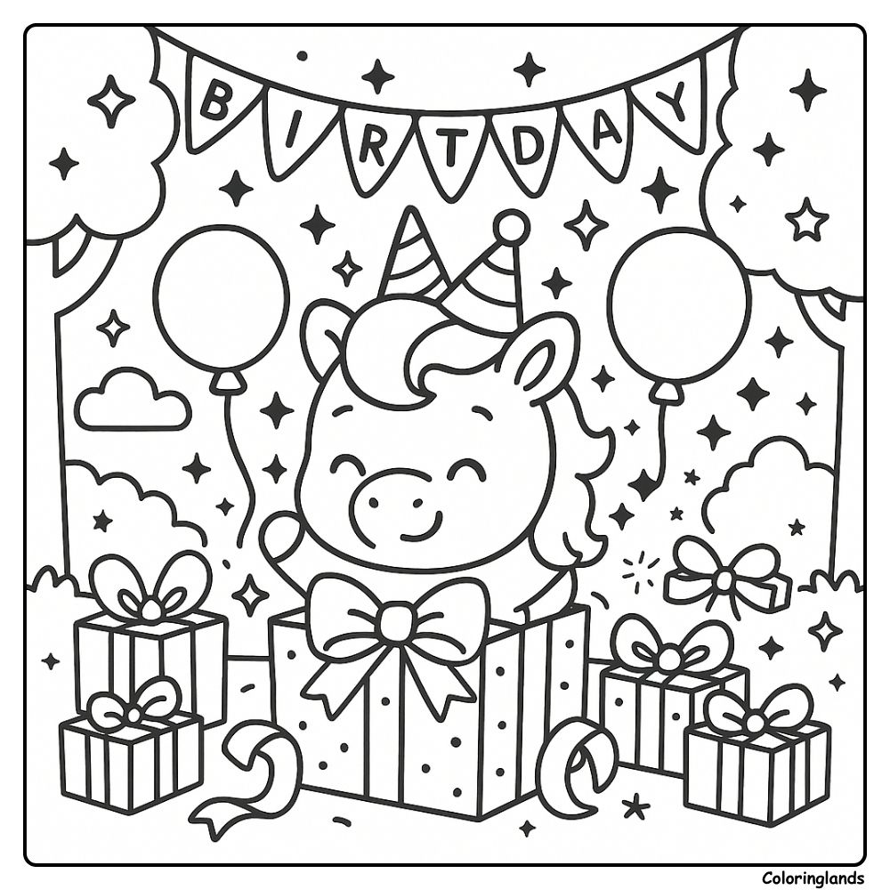 Smiling unicorn pops from present under banner and balloons
