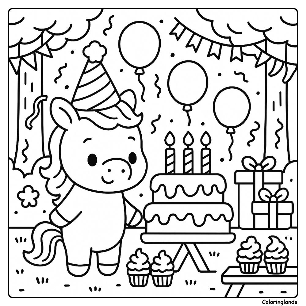 Cute party scene line art unicorn with candles and presents
