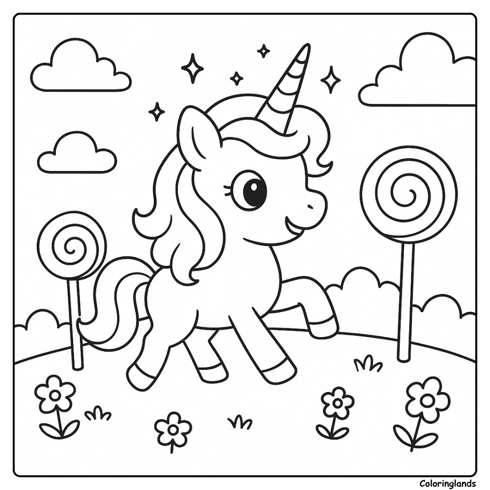 Lollipop trees with playful unicorn printable coloring image