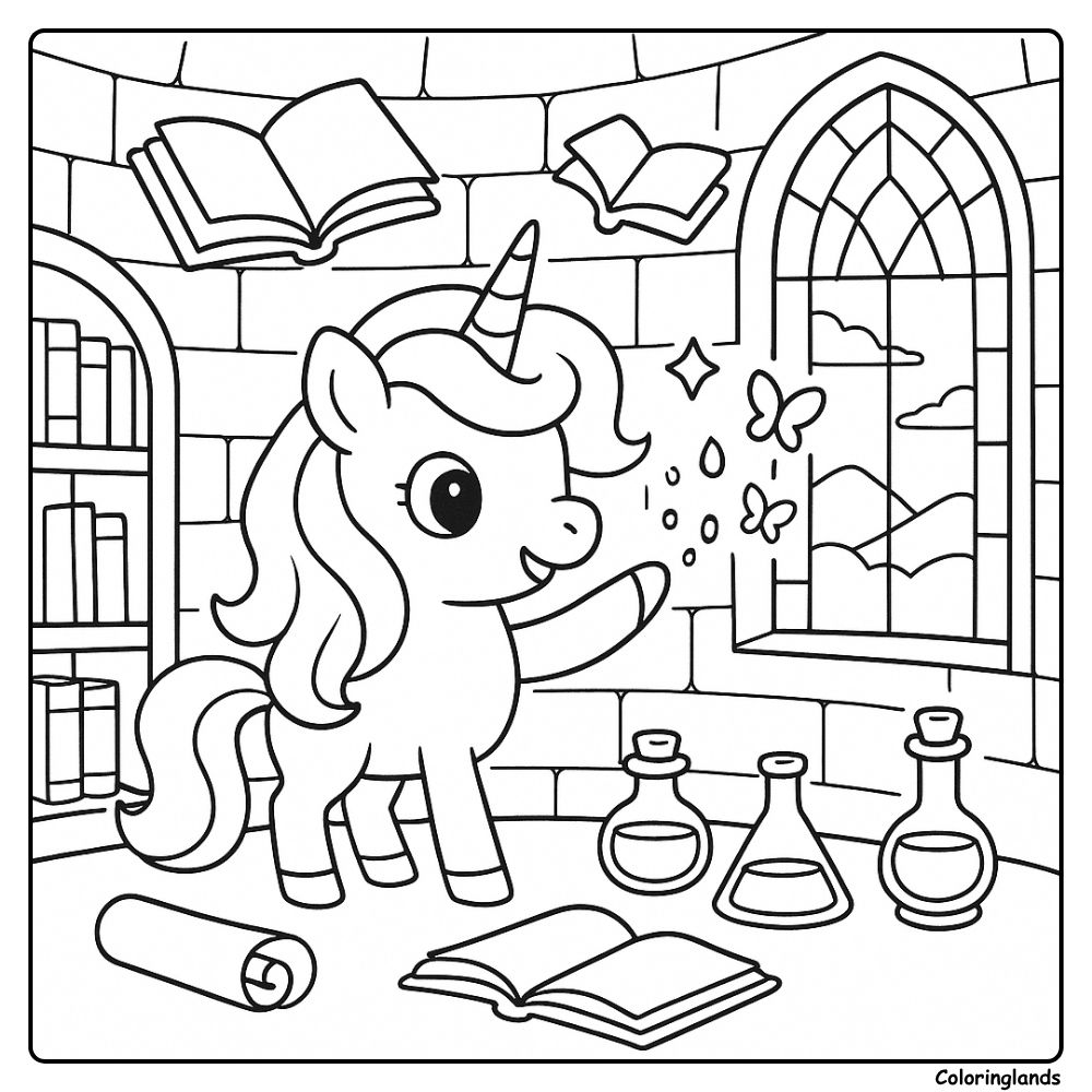 Cozy library scene with potions and window view coloring picture