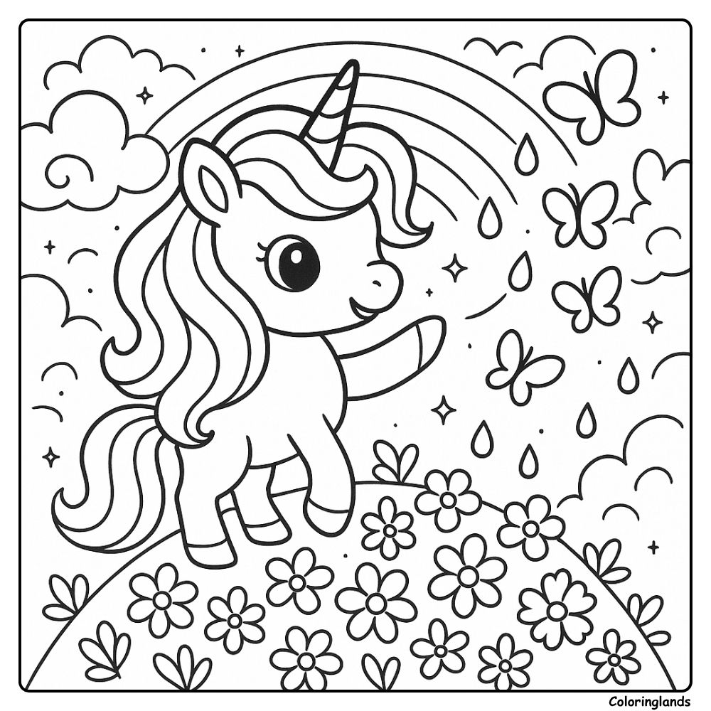 Rainbow hill with flowers and butterflies coloring image