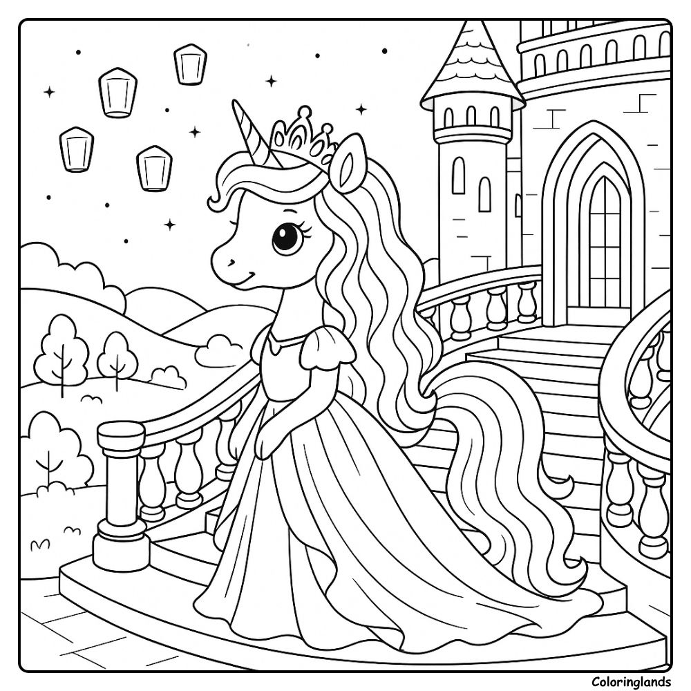 Royal unicorn on stairs with lanterns coloring picture idea