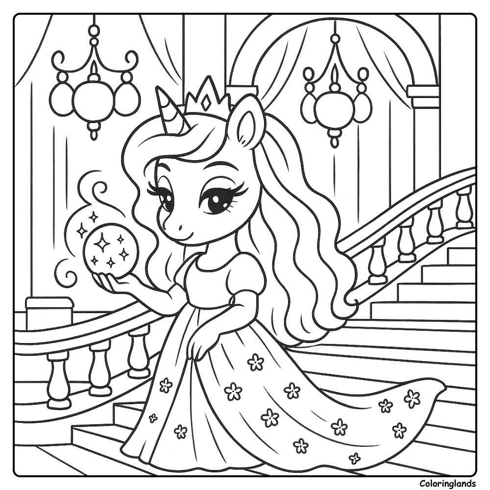 Ballroom chandeliers and unicorn coloring image for kids