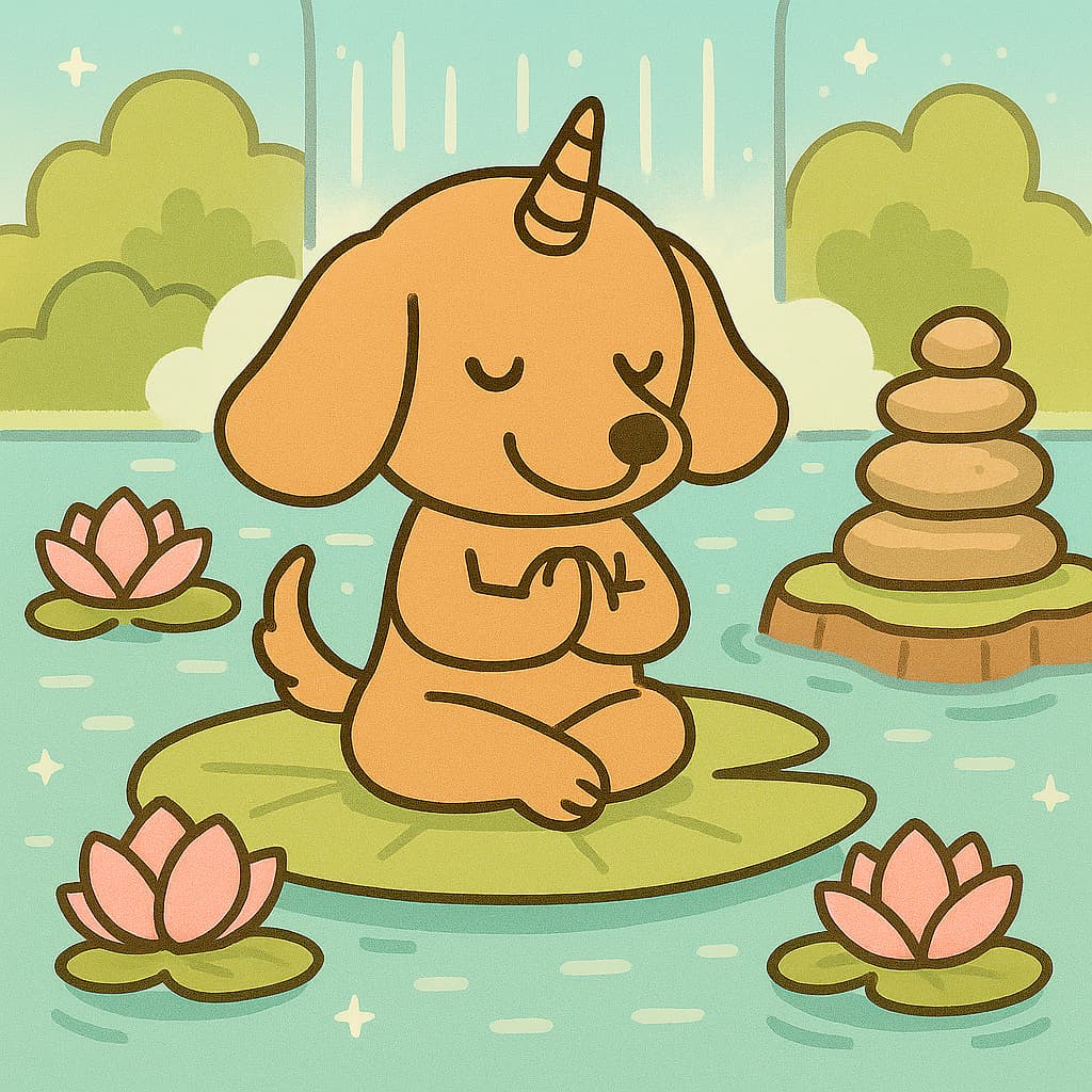 Zen pond unicorn dog coloring image with lotus calm