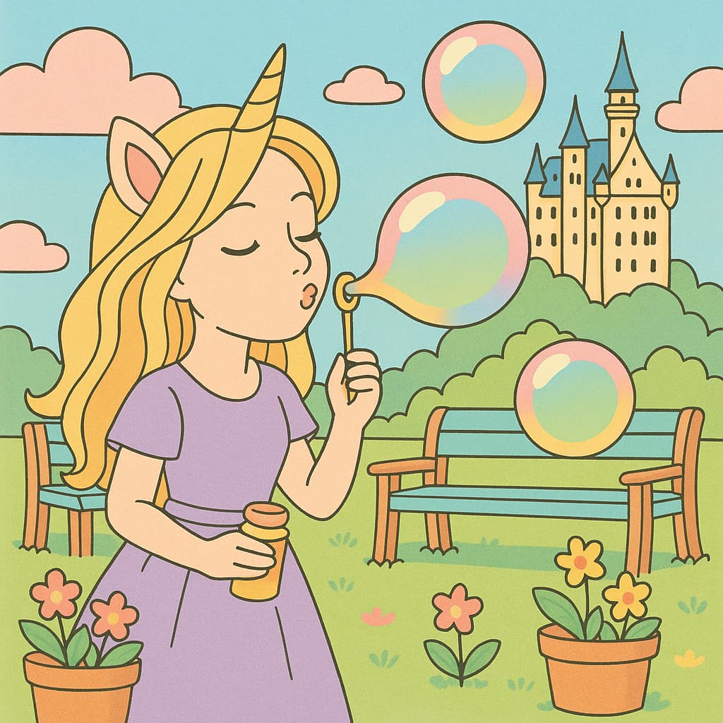 Playful bubble moment coloring image beside a fairytale view