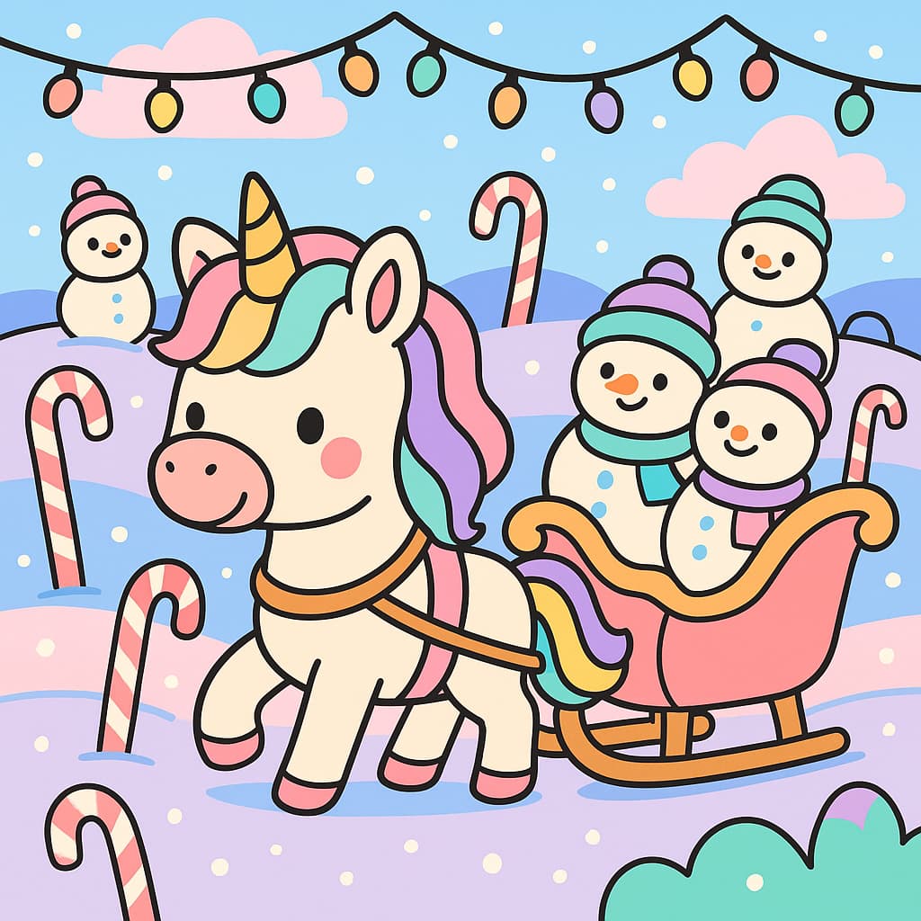 Snowy holiday coloring image of unicorn guiding snowmen ride