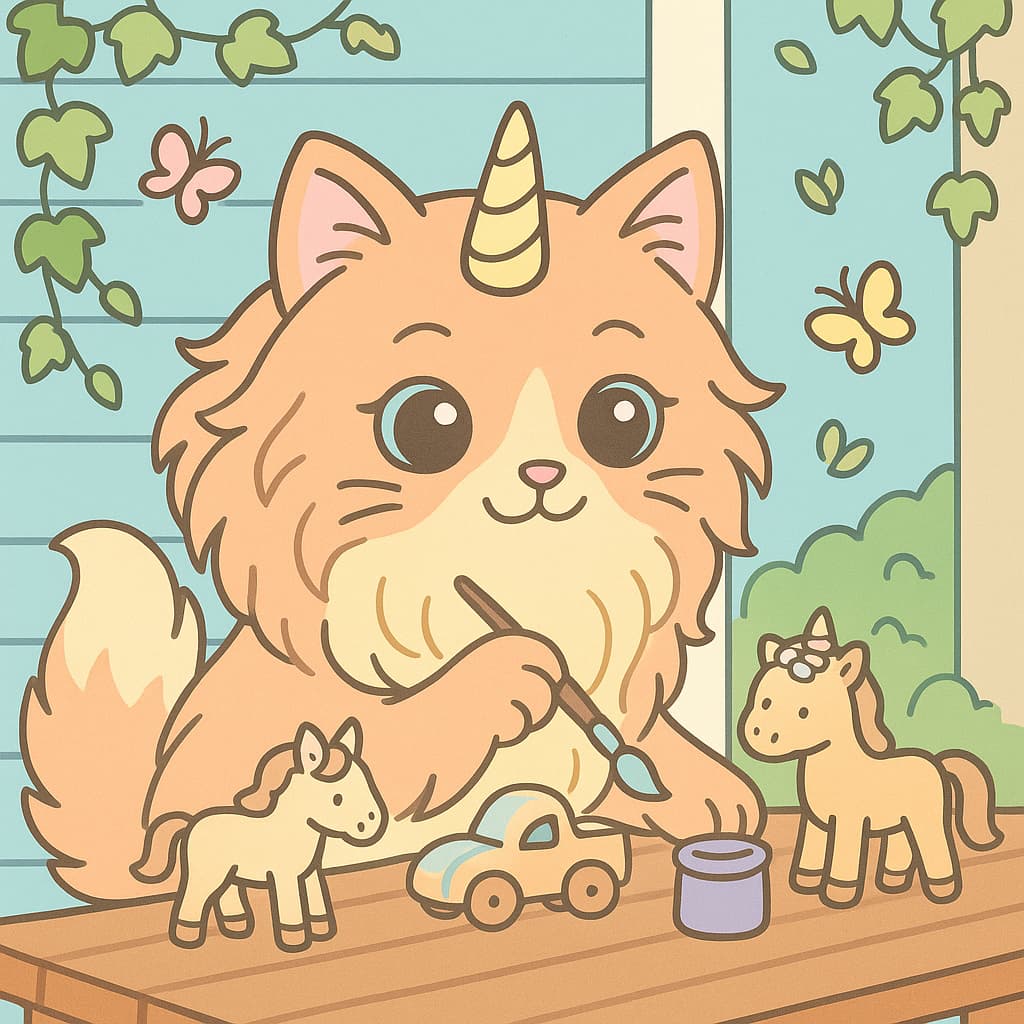 Cute studio scene coloring picture of a creative unicat