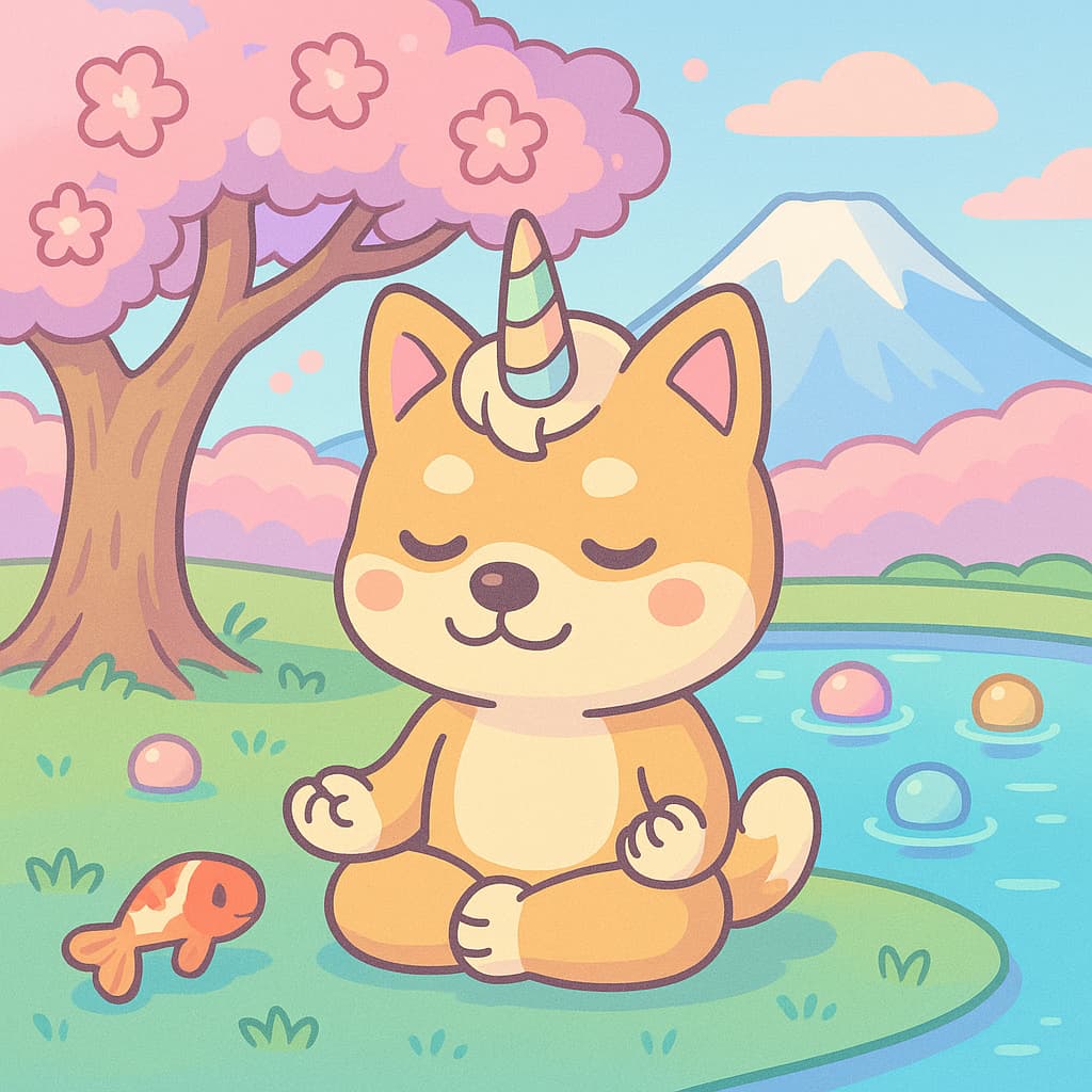 Peaceful unicorn dog coloring image in a blossom park