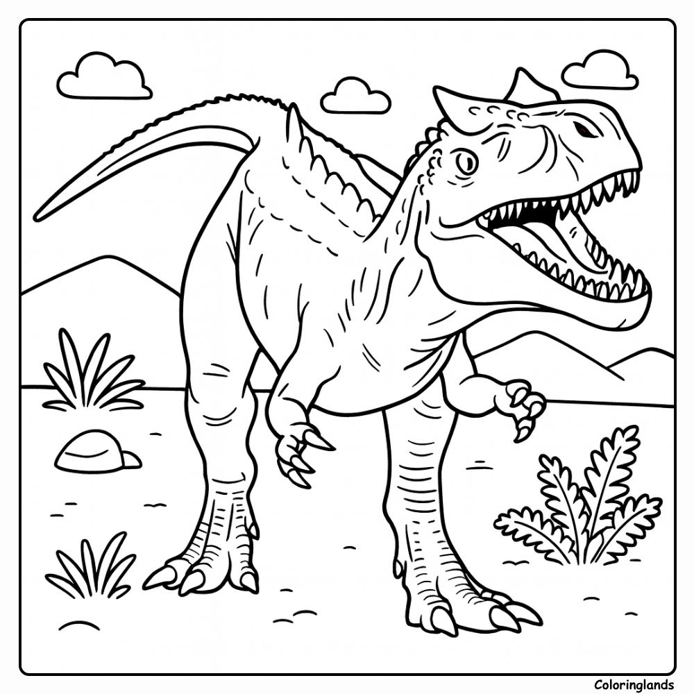 Allosaurus coloring page in a wild valley scene to print Allosaurus coloring page roaring across open plains and clouds
