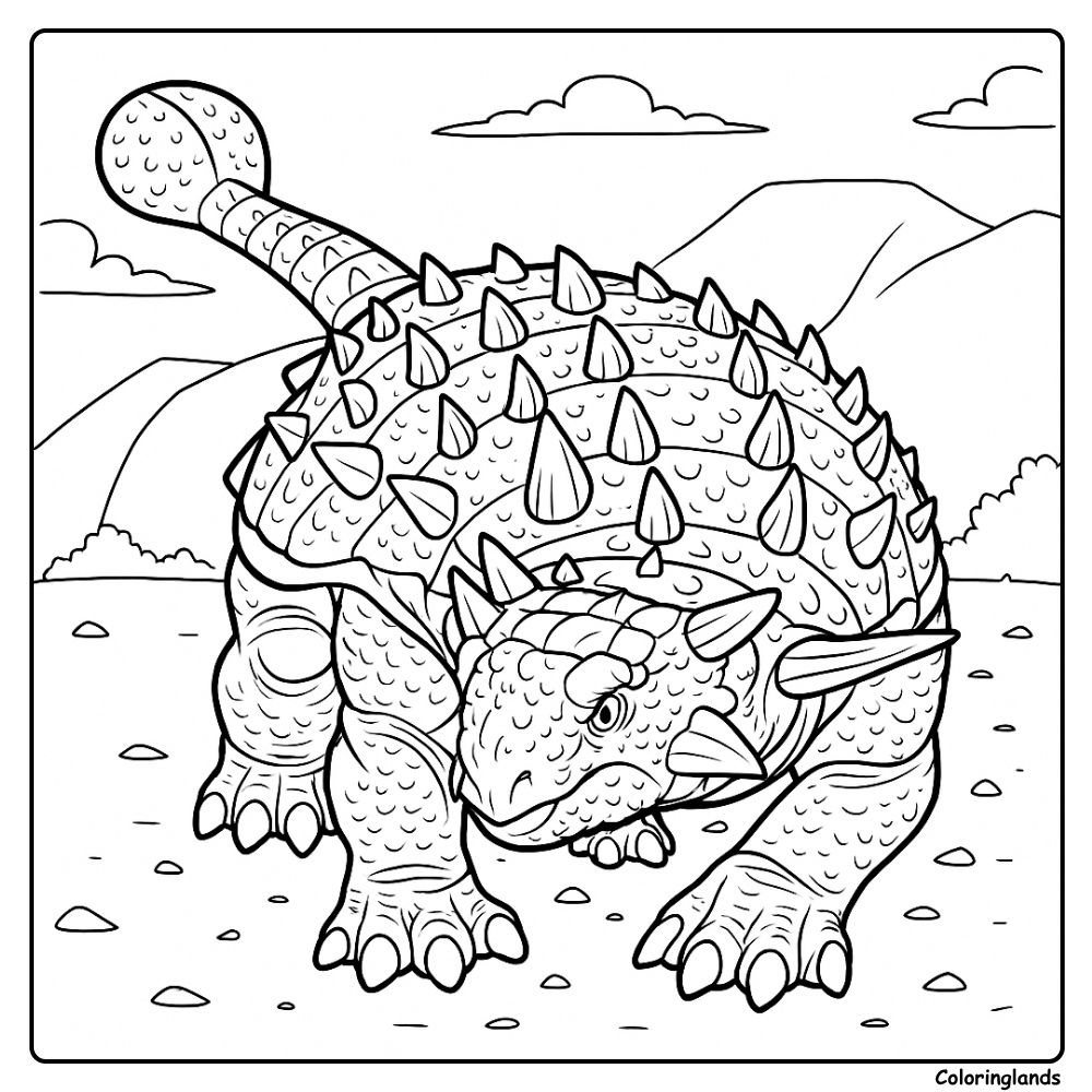 Ankylosaurus coloring page crouching in rocky valley scene Ankylosaurus coloring page with spiked tail and mountains