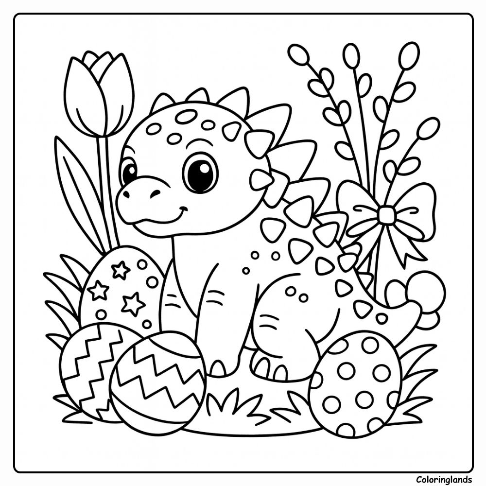 Ankylosaurus dinosaur easter egg coloring page spring scene Ankylosaurus dinosaur easter egg coloring page with tulips