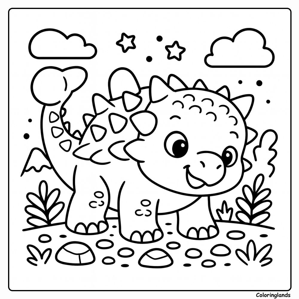 Baby ankylosaurus coloring page under stars and clouds Baby ankylosaurus coloring page with spikes and a bright sky