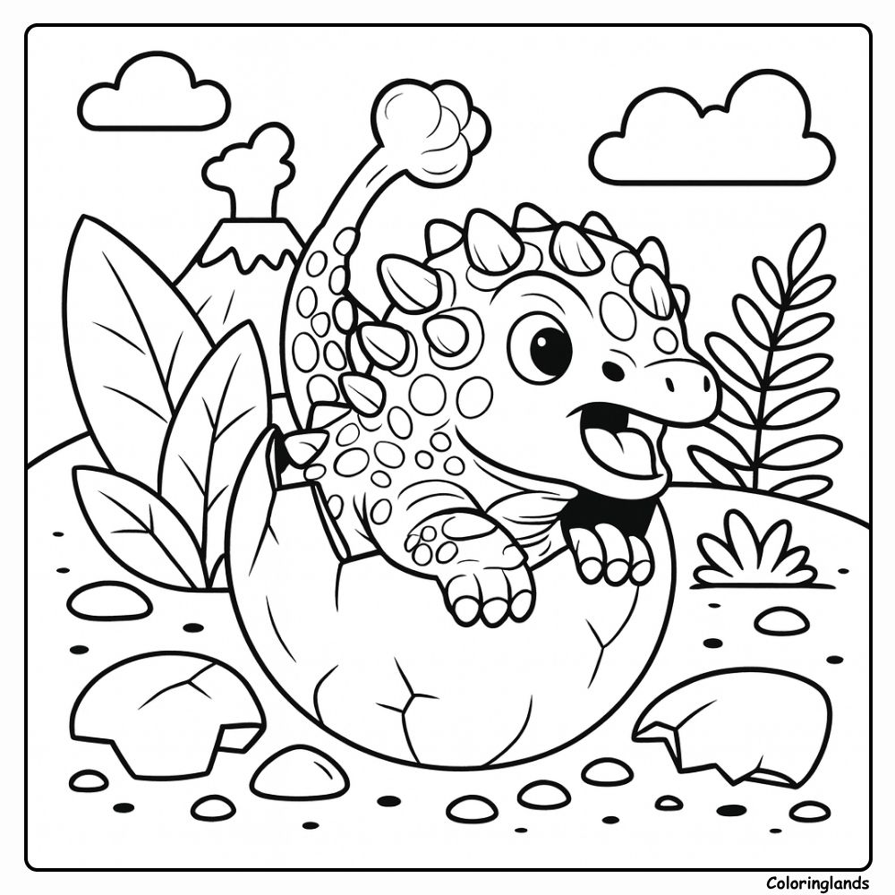 Baby ankylosaurus dinosaur hatching coloring page volcano view Baby ankylosaurus dinosaur hatching coloring page with broken egg