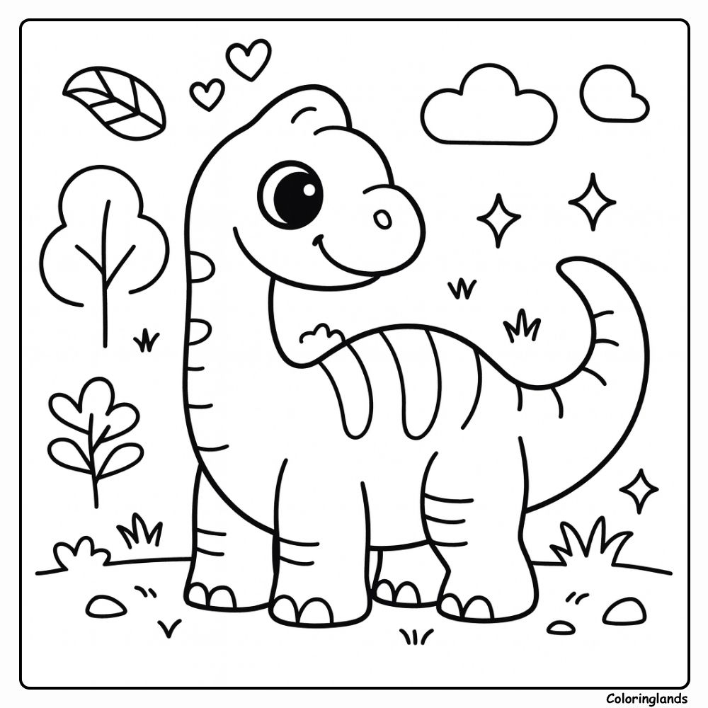 Baby brachiosaurus coloring page in a bright meadow scene Baby brachiosaurus coloring page with trees and sparkles