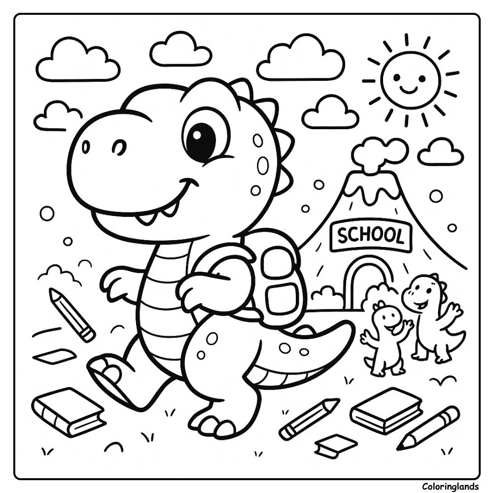 Baby t rex coloring page on a sunny schoolyard walk Baby t rex coloring page with backpack pencils and smiling sun