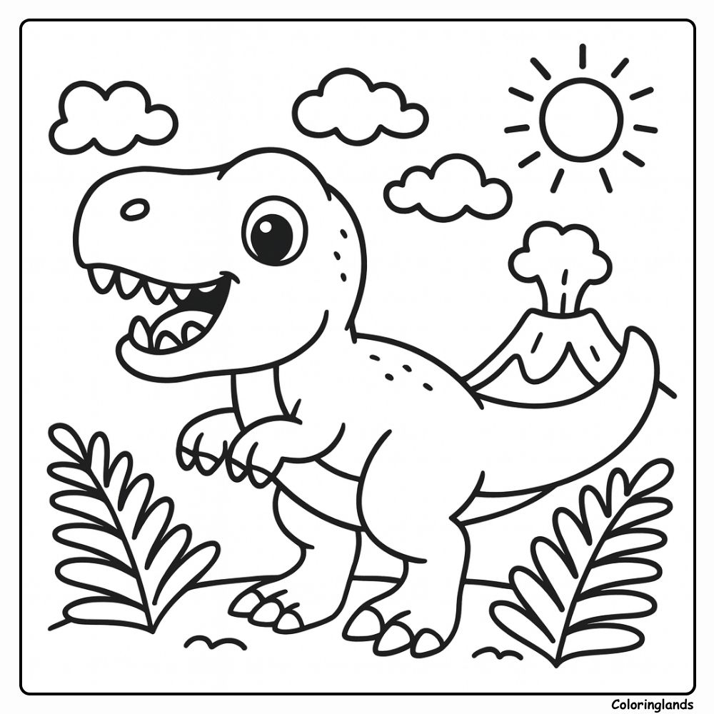 Baby t rex dinosaur coloring page in a sunny valley Baby t rex dinosaur coloring page with volcano clouds and plants