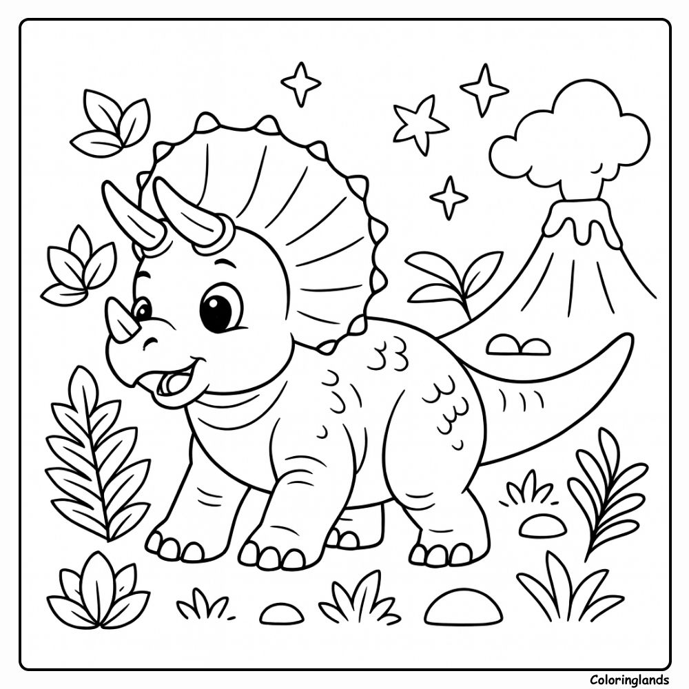 Baby triceratops dinosaur coloring page under starry sky Baby triceratops dinosaur coloring page with volcano and plants