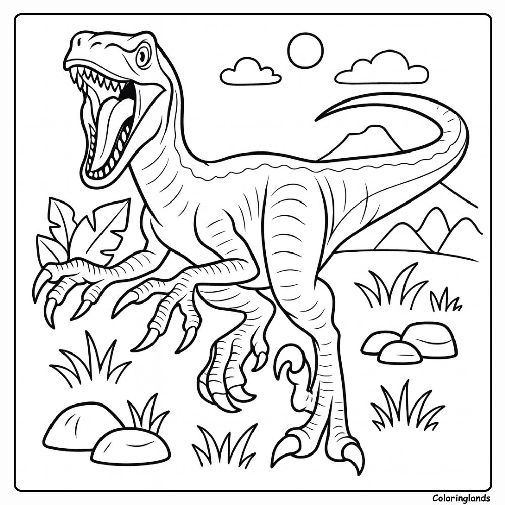Blue velociraptor coloring page racing across open plains Blue velociraptor coloring page with roaring pose and sun