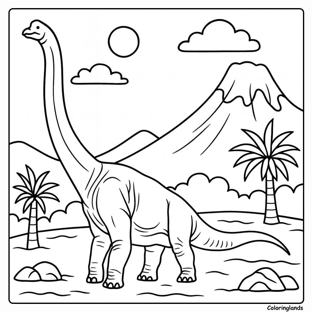 Brachiosaurus coloring page in a calm lakeside valley Brachiosaurus coloring page with tall necks trees and birds