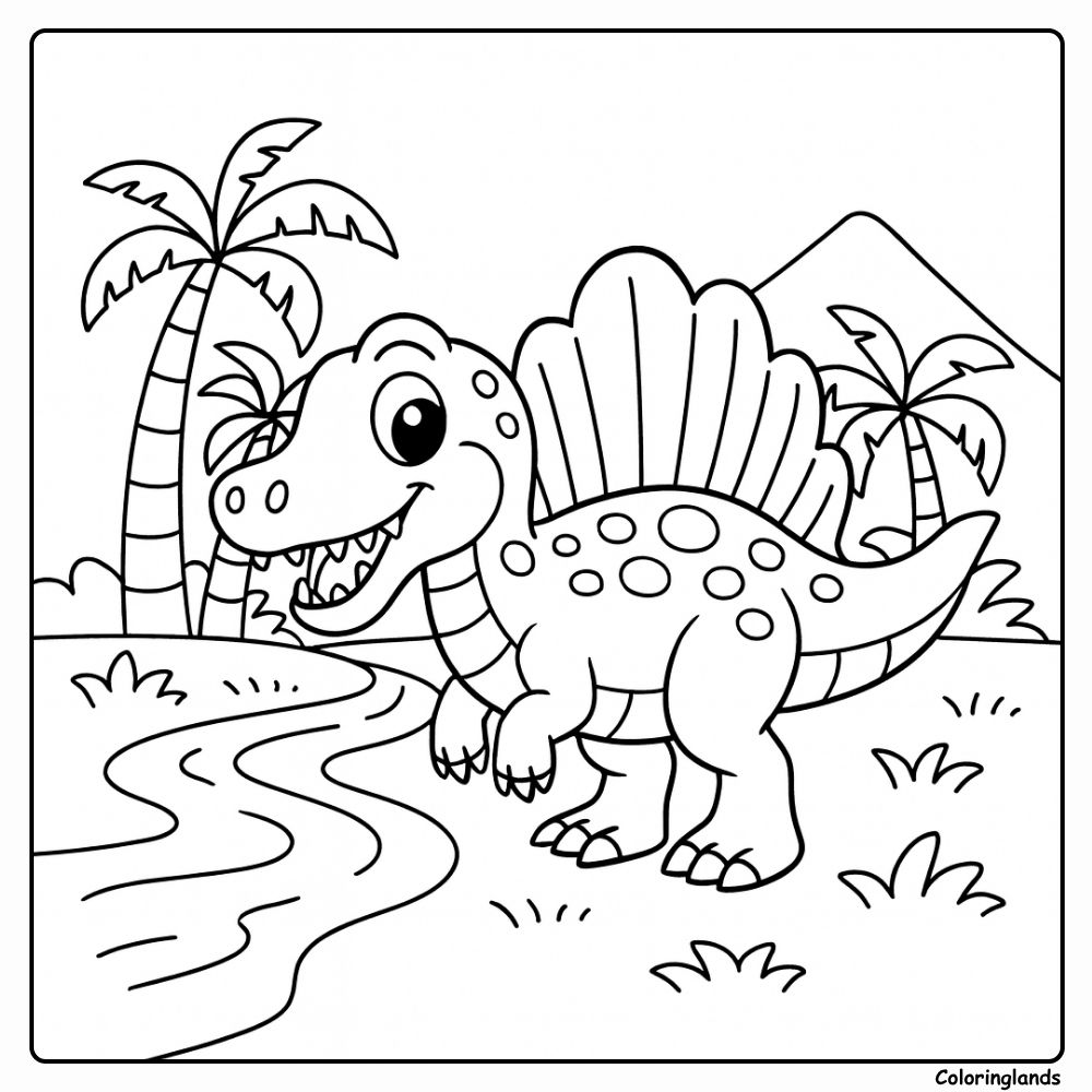 Cartoon baby spinosaurus dinosaur coloring page by a river Cartoon baby spinosaurus dinosaur coloring page with palm trees