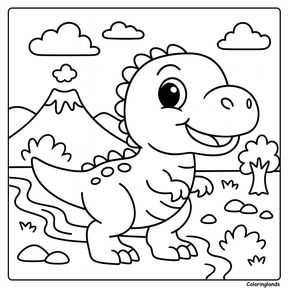 Cartoon baby t rex dinosaur coloring page in sunny valley Cartoon baby t rex dinosaur coloring page by stream and hills