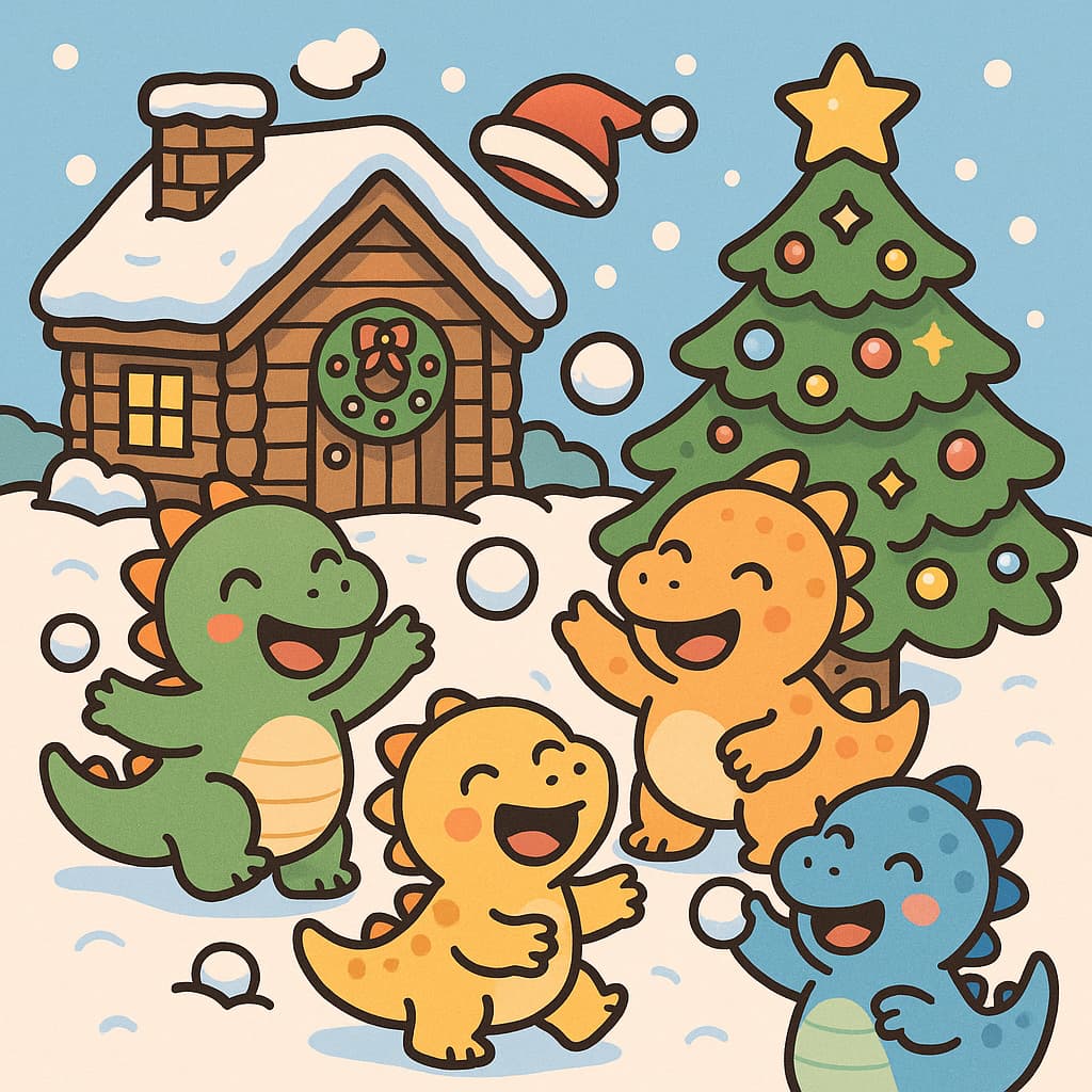 Christmas dinosaur coloring ideas for cozy snow fun Christmas dinosaur coloring ideas with cabin and festive tree