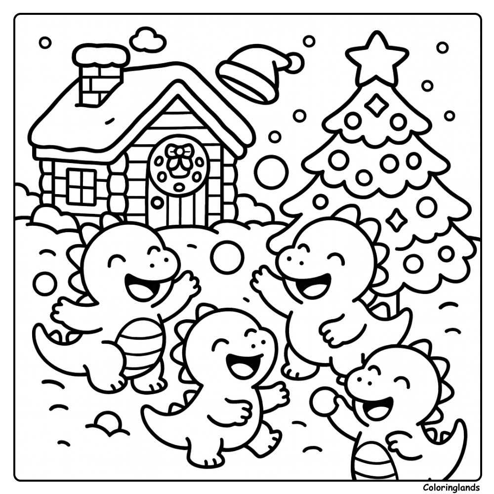 Christmas dinosaur coloring page in a snowy yard scene Christmas dinosaur coloring pages with tree cabin and snow