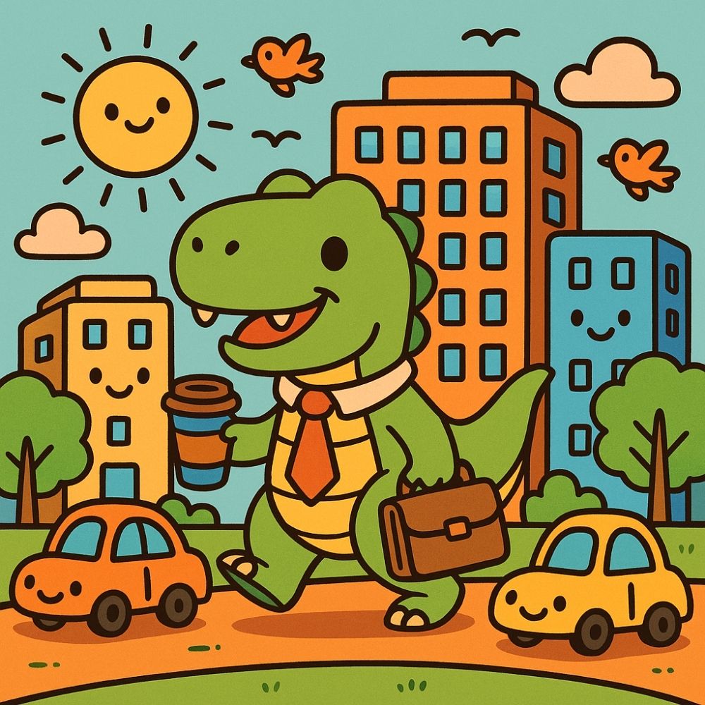 Cute t rex coloring ideas for a sunny city walk Cute t rex coloring ideas with coffee cars and tall buildings