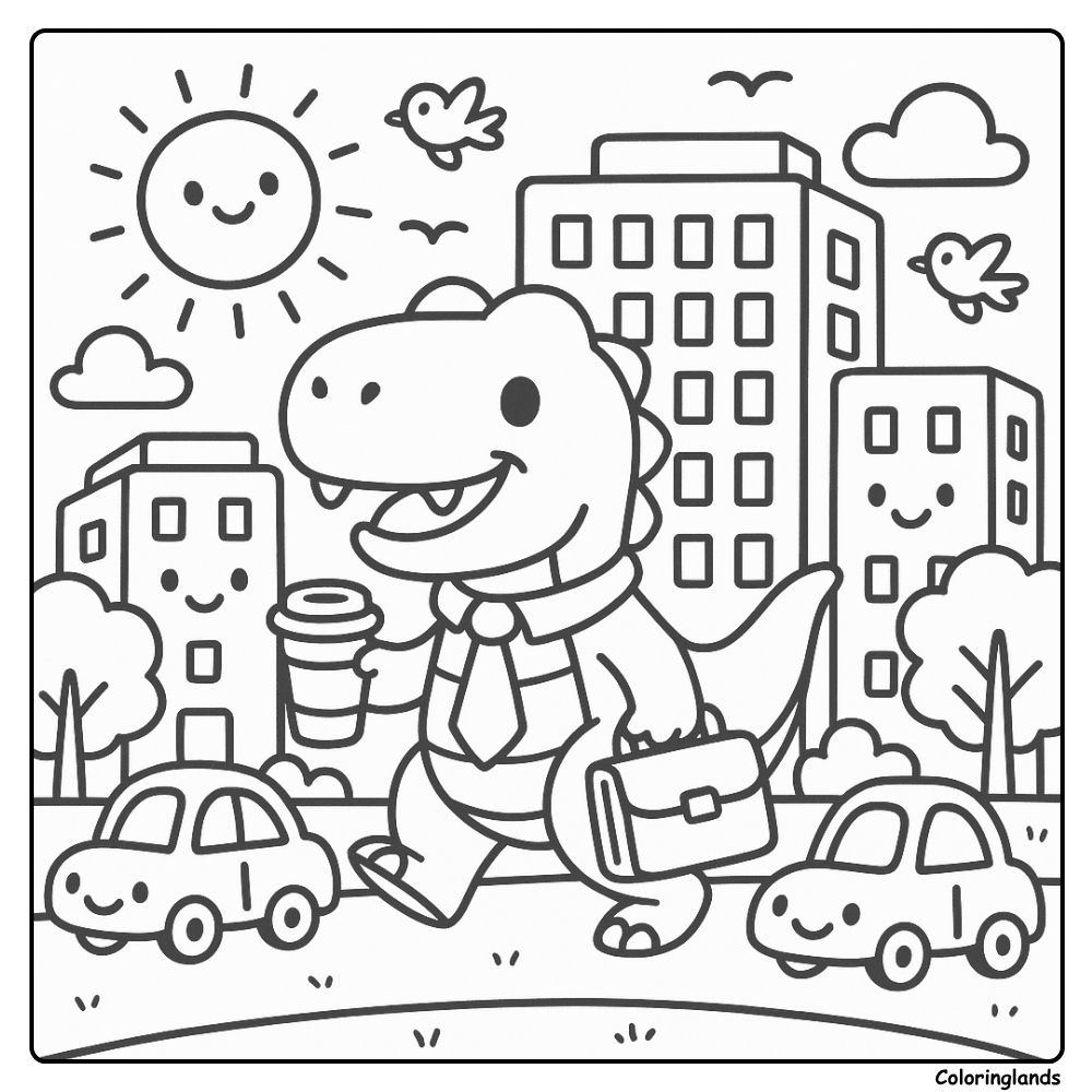 Cute t rex coloring page on a bright city stroll with smiles Cute t rex coloring page with happy sun cars and tall buildings