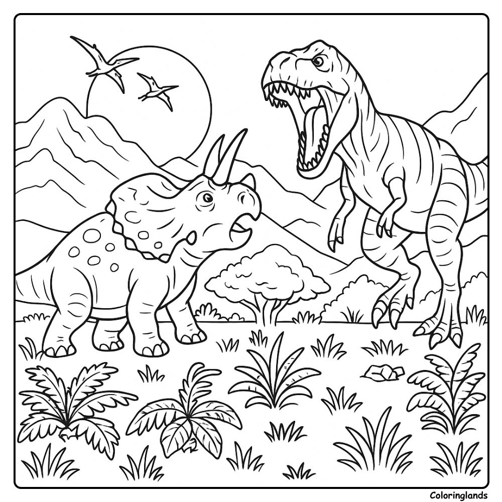 Dinosaur fighting t rex and triceratops coloring page in valley Dinosaur fighting t rex and triceratops coloring page with mountains