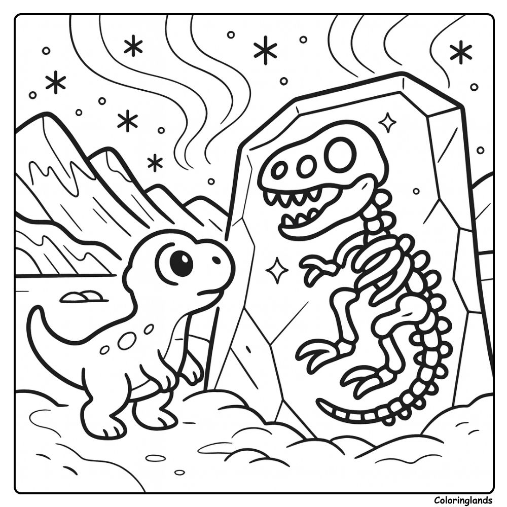 Dinosaur fossil coloring page under stars by the glacier Dinosaur fossil coloring page with crystal slab bones and night sky