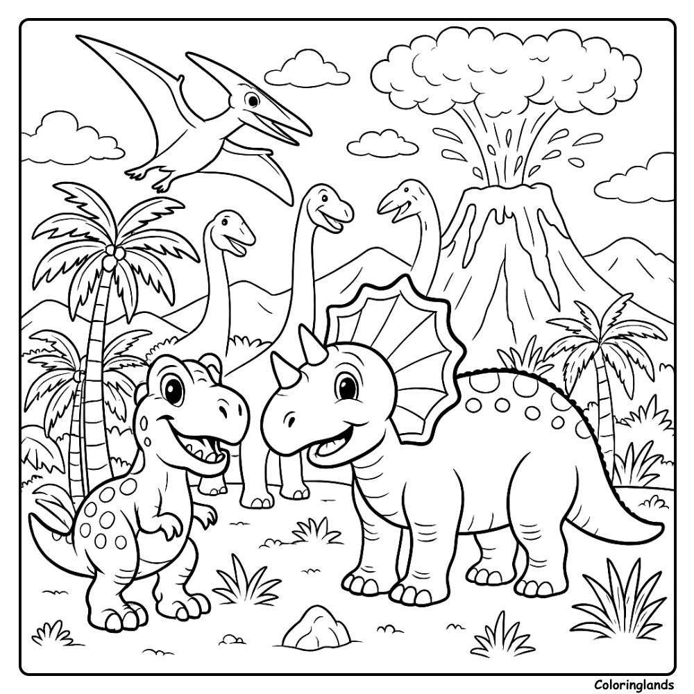 Dinosaur volcano coloring page with friends by the palms Dinosaur volcano coloring page with erupting mountain and clouds