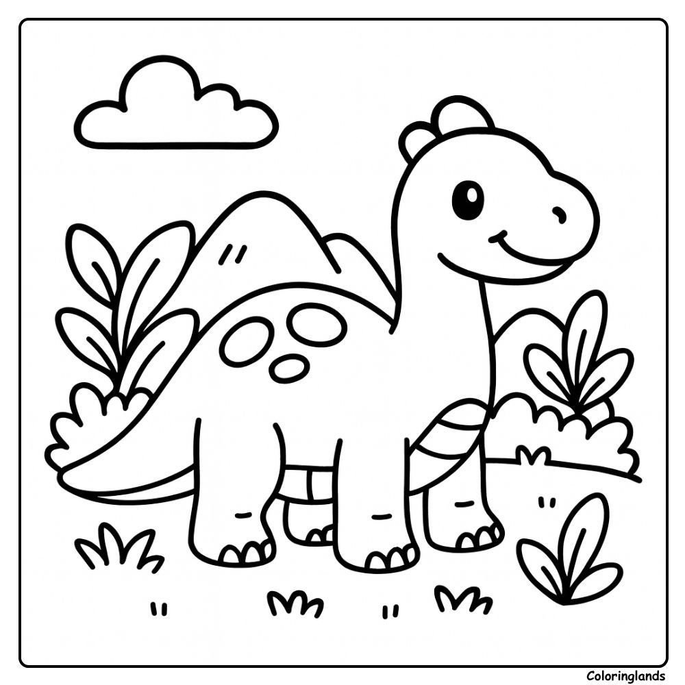 Easy dinosaur coloring page with friendly dino in a meadow Easy dinosaur coloring page cute dino near hills and leafy plants