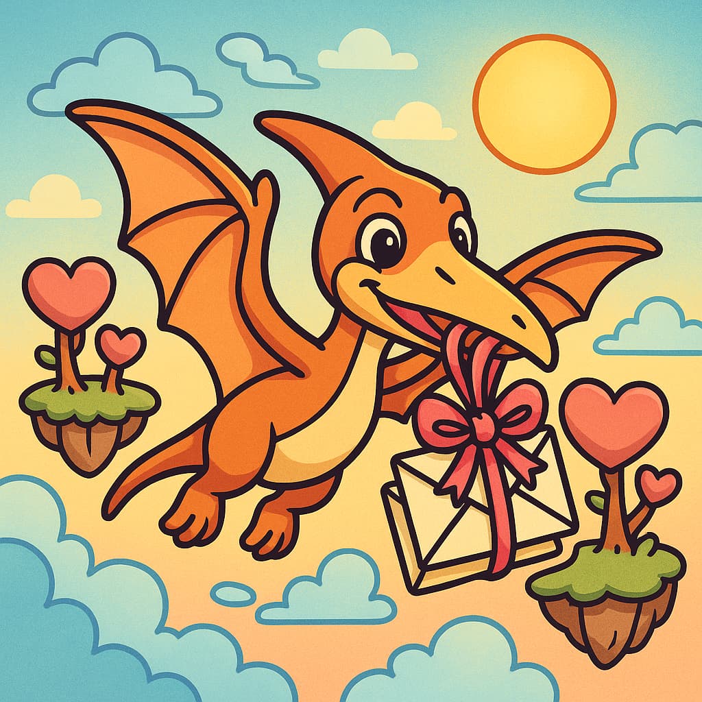 Flying dinosaur coloring ideas with a sweet sky mail delivery Pterosaur delivering ribboned letters in sunny sky coloring idea