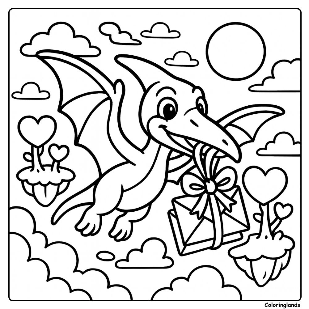 Flying dinosaur coloring page with gift in sunny sky Flying dinosaur coloring page with pterosaur and parcel