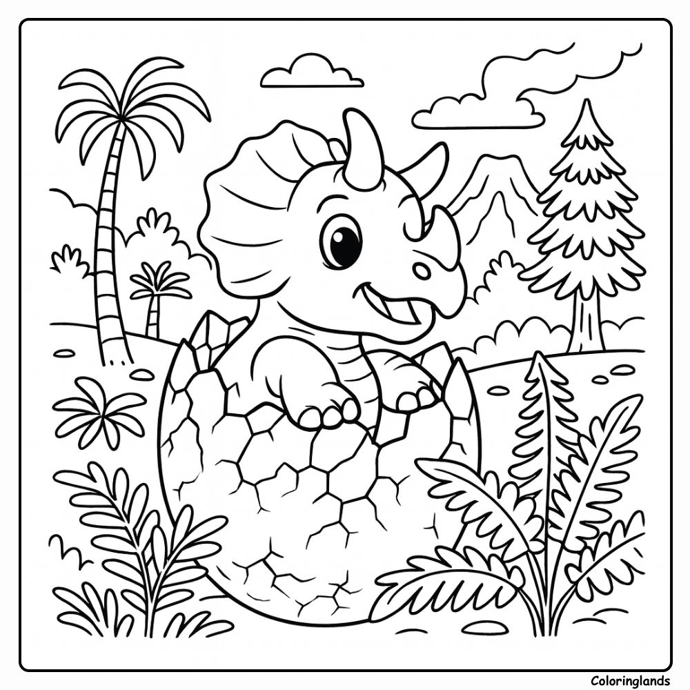 Hatching triceratops dinosaur egg coloring page in meadow Hatching triceratops dinosaur egg coloring page with ferns