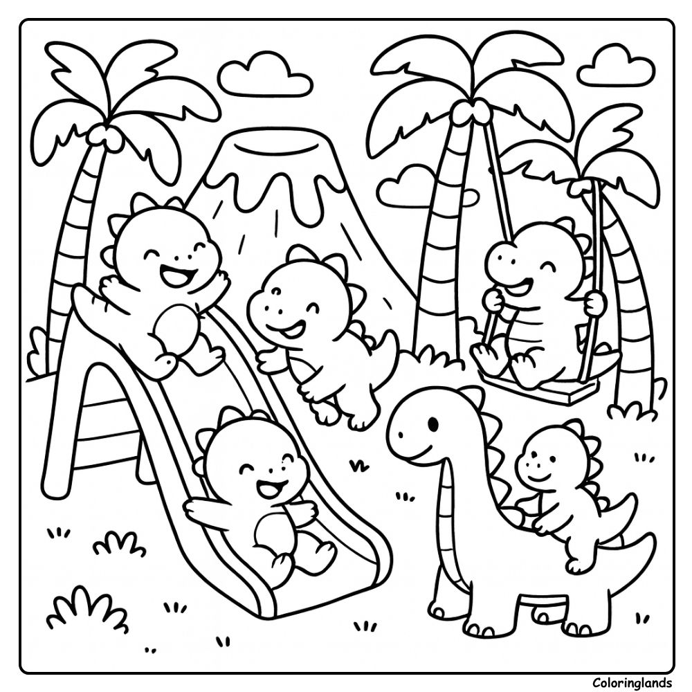 Kids dinosaur coloring page at a playful jungle playground Kids dinosaur coloring page with slide swing and volcano