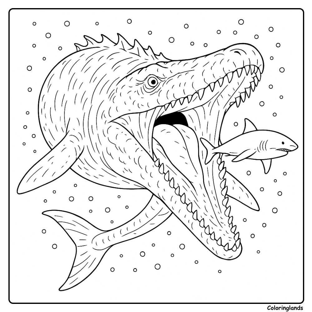 Mosasaurus dinosaur coloring page ocean hunt Mosasaurus dinosaur coloring page open jaws and swift prey