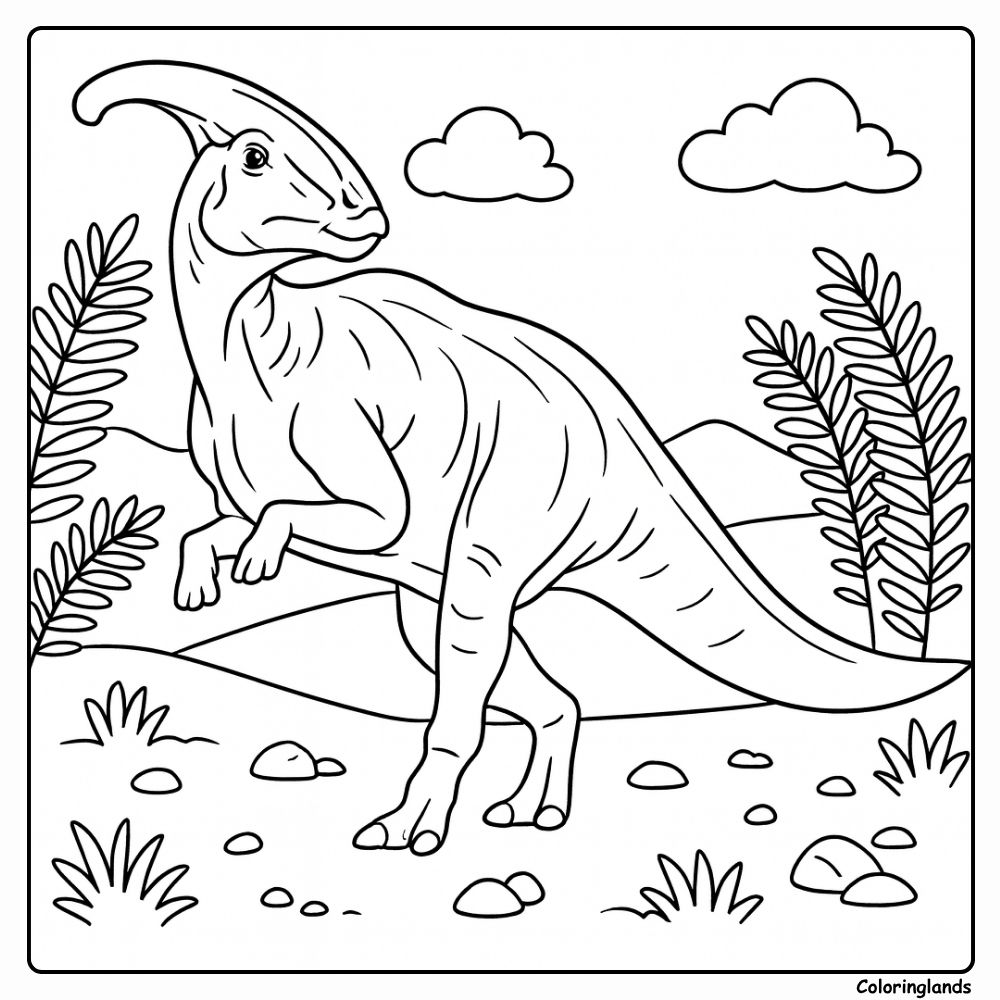 Parasaurolophus coloring page in open valley with ferns Parasaurolophus coloring page long crest in sunny plain