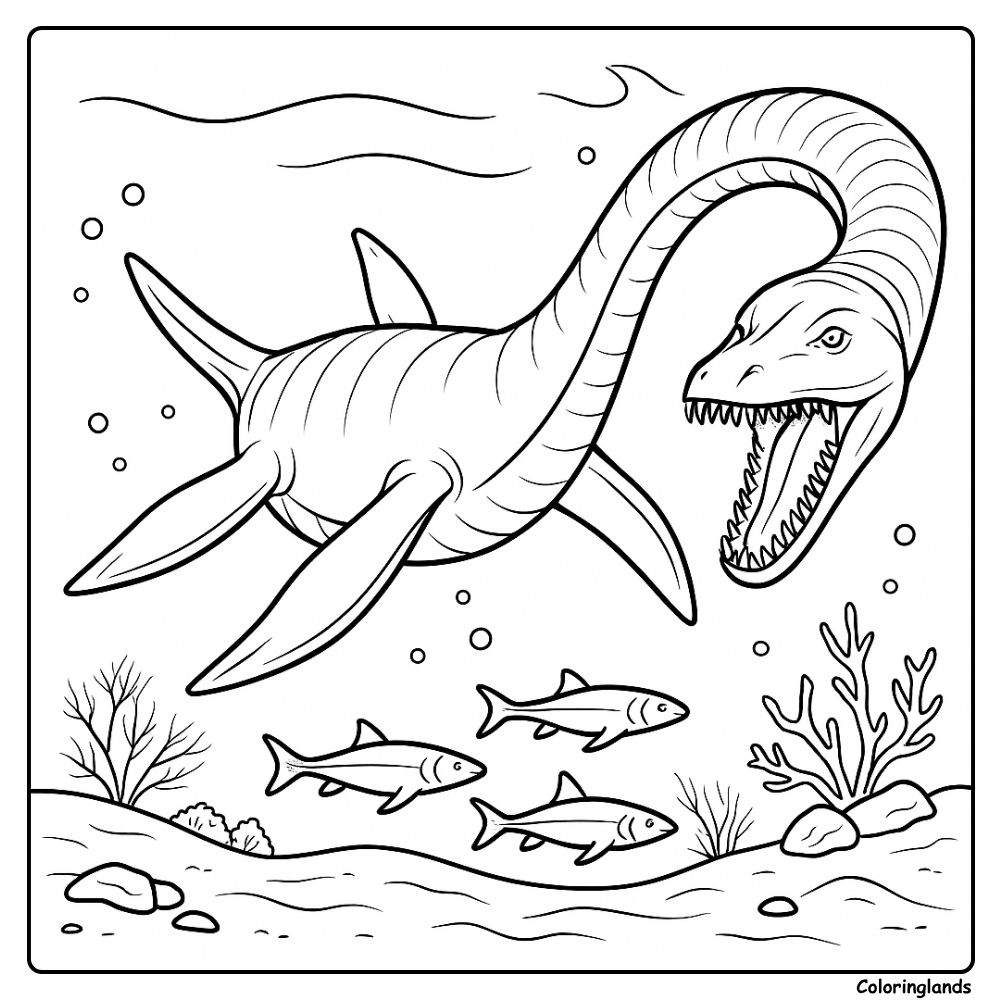 Plesiosaurus water dinosaur coloring page in coral sea Plesiosaurus water dinosaur coloring page with fish and reef