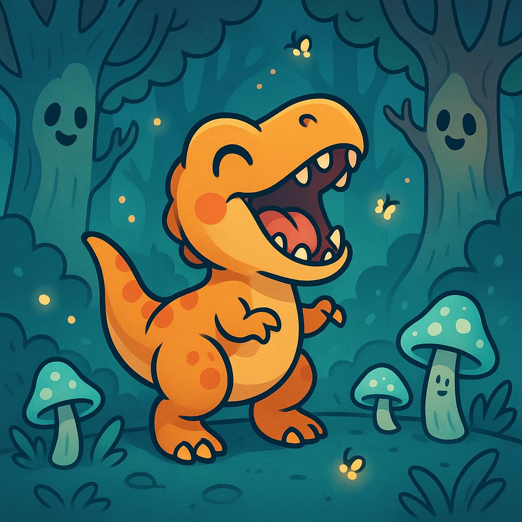 Scary dinosaur coloring ideas for a glowing forest night Scary dinosaur coloring ideas with fireflies and mushrooms